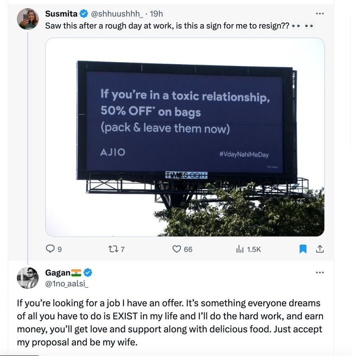 Twitter post showing a billboard offering 50 percent off bags in toxic relationships