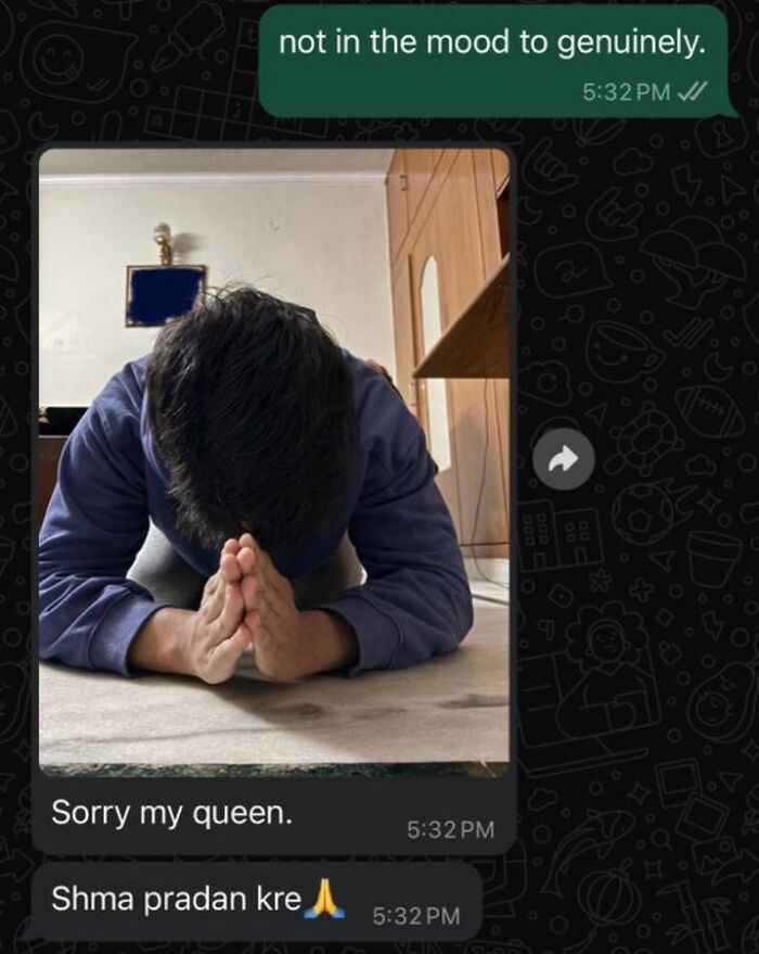 Man bowing with hands together in apologetic gesture and message apologizing sincerely