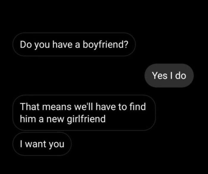 Text message exchange about having a boyfriend and wanting to find him a new girlfriend