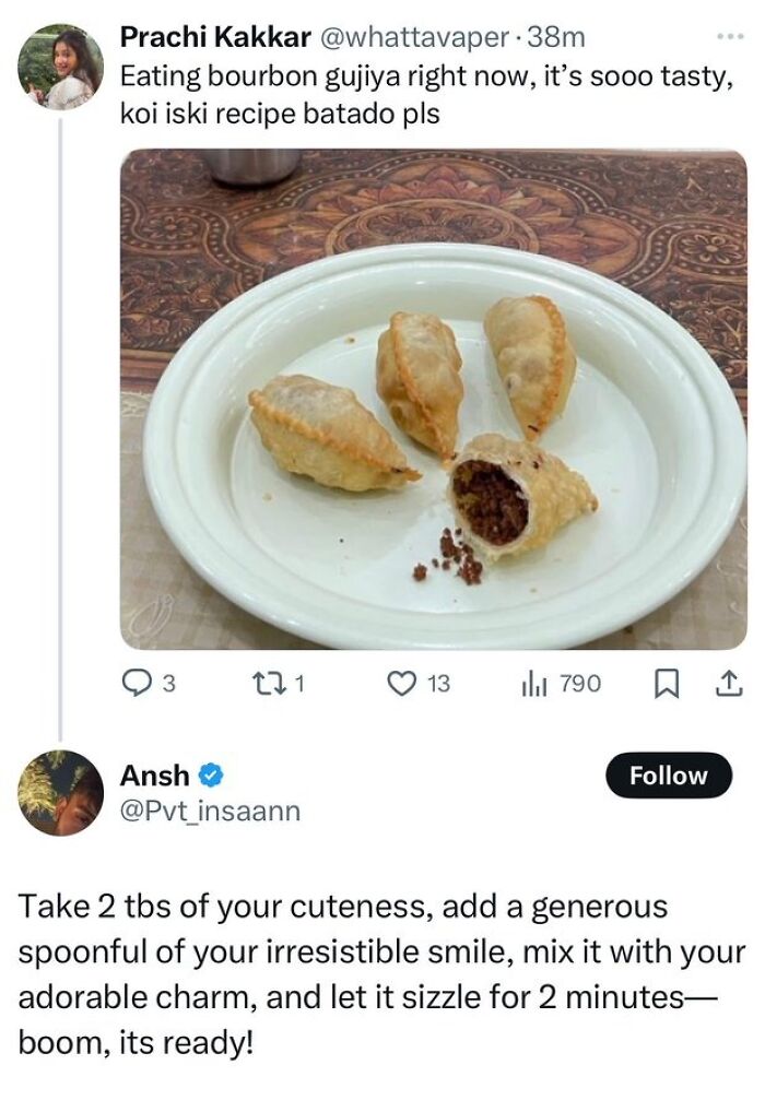 Plate with four bourbon gujiya pastries, one cut open showing filling