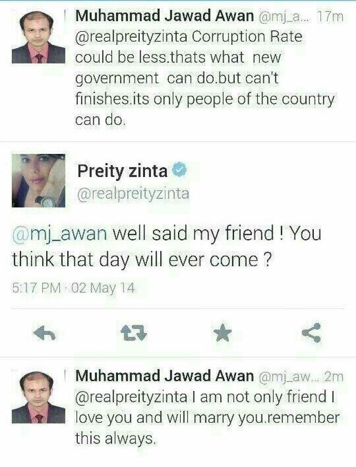Twitter conversation between Muhammad Jawad Awan and Preity Zinta about corruption and love