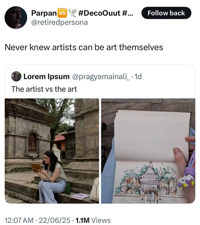 Artist drawing an ancient temple sketch outside, showing artist and art comparison