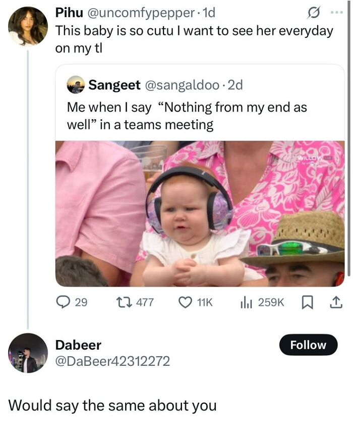 Baby wearing headphones looking grumpy during video call meme
