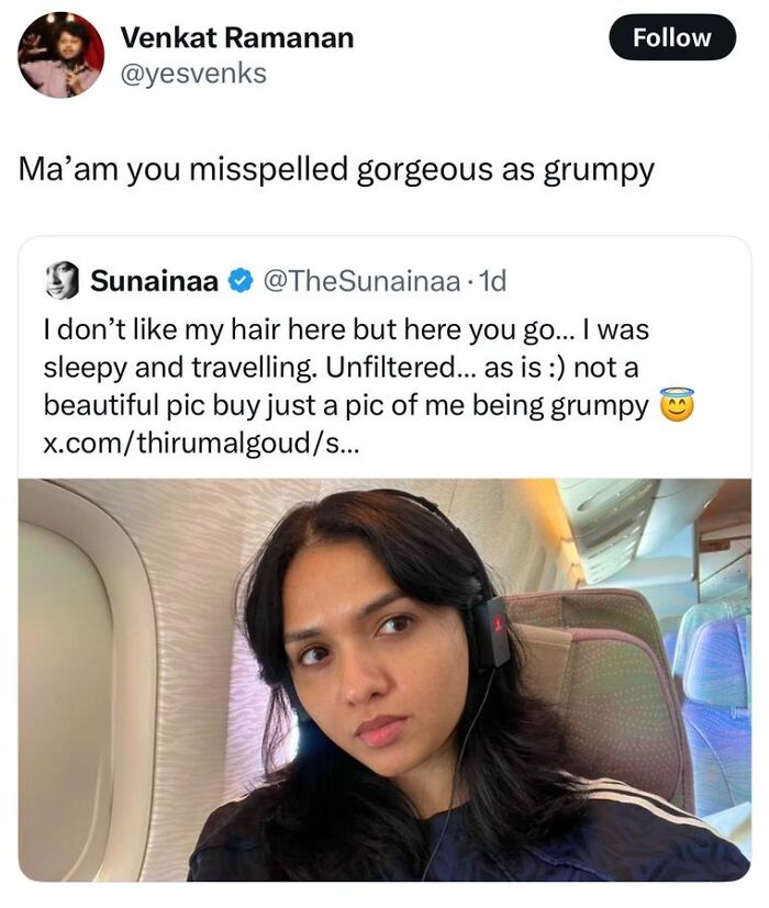 Woman in airplane taking unfiltered selfie looking sleepy and grumpy