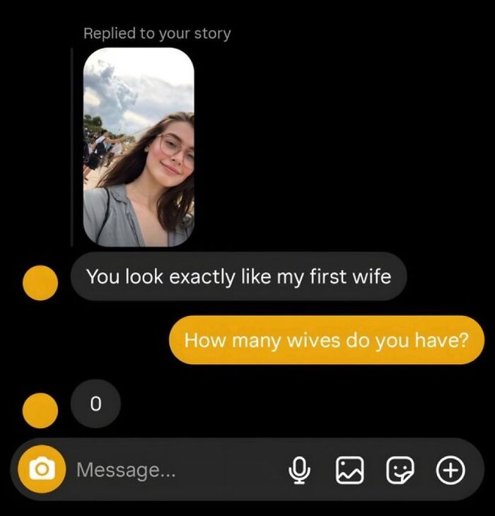 Social media message comparing woman to first wife in chat reply