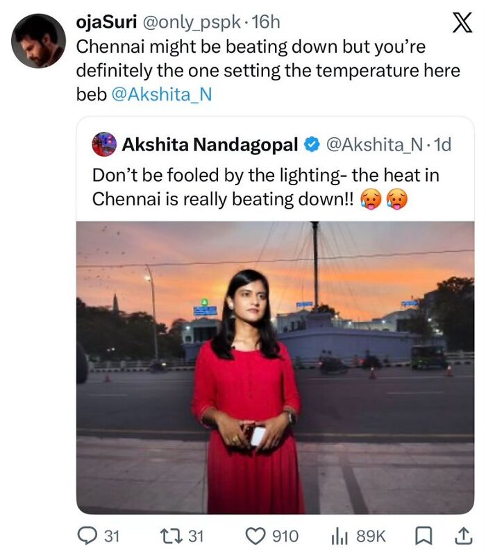 Tweet about Chennai's heat with a starry-eyed lover wearing red