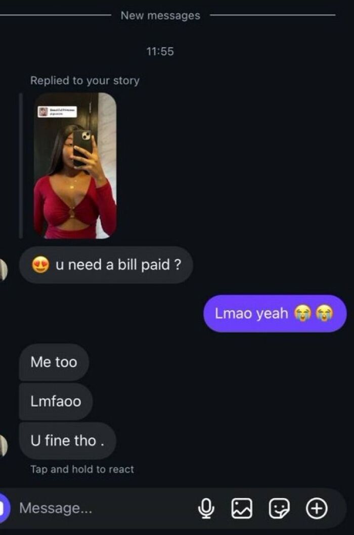 DM chat about paying bills with a flirting message under a selfie in red top