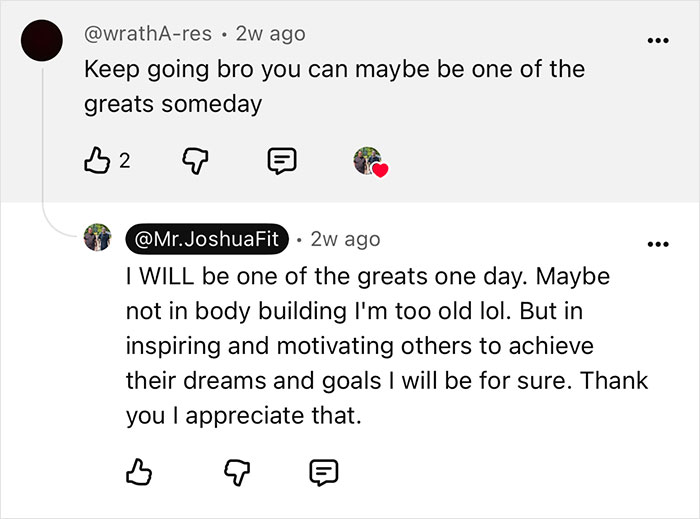 A screenshot of a YouTube comment section showing a user complimenting a weight loss transformation, and the creator's reply. A screenshot of a YouTube comment section showing a user complimenting a weight loss transformation, and the creator's reply.