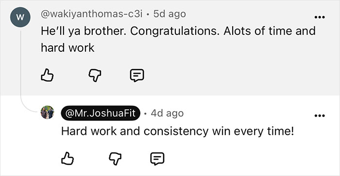 A comment praising hard work for a weight loss transformation, with Mr. JoshuaFit emphasizing consistency. A comment praising hard work for a weight loss transformation, with Mr. JoshuaFit emphasizing consistency.