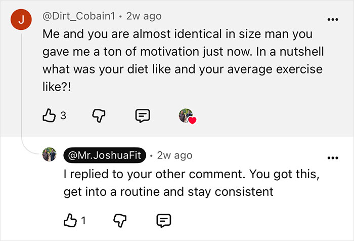A YouTube comment section showing a user inspired by an incredible weight loss transformation, asking about diet and exercise. A YouTube comment section showing a user inspired by an incredible weight loss transformation, asking about diet and exercise.