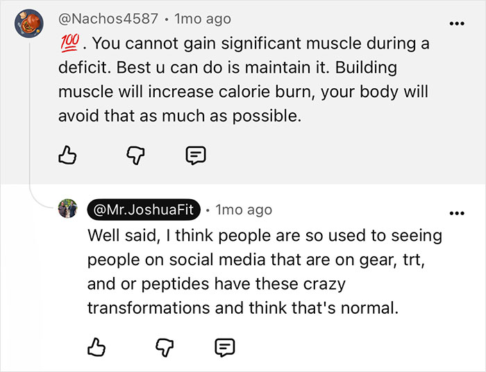 A screenshot of two YouTube comments discussing muscle gain during a deficit and crazy weight loss transformation expectations. A screenshot of two YouTube comments discussing muscle gain during a deficit and crazy weight loss transformation expectations.