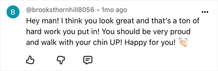 A YouTube comment congratulating someone on their weight loss transformation, praising their hard work and encouraging pride. A YouTube comment congratulating someone on their weight loss transformation, praising their hard work and encouraging pride.