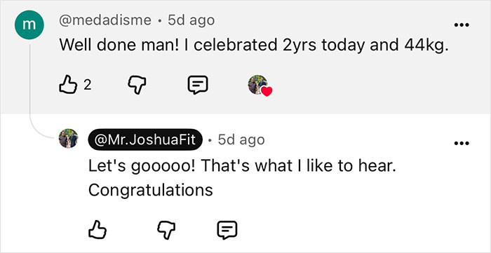 A YouTube comment section showing a user celebrating 2 years and 44kg weight loss, inspired by an incredible weight loss transformation. A YouTube comment section showing a user celebrating 2 years and 44kg weight loss, inspired by an incredible weight loss transformation.