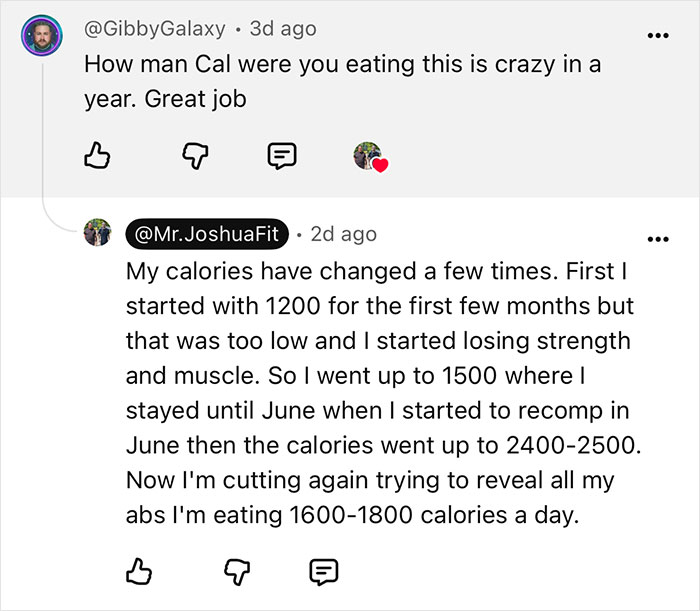 A screenshot of a YouTube comment section asking about calories for the weight loss transformation, with the creator's detailed answer. A screenshot of a YouTube comment section asking about calories for the weight loss transformation, with the creator's detailed answer.