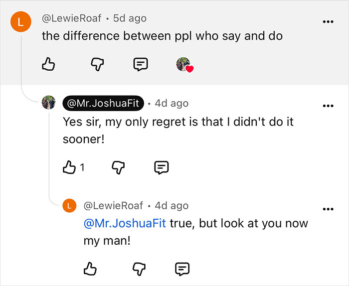 A screenshot of a YouTube comment praising the weight loss transformation with a reply from the creator and another user. A screenshot of a YouTube comment praising the weight loss transformation with a reply from the creator and another user.