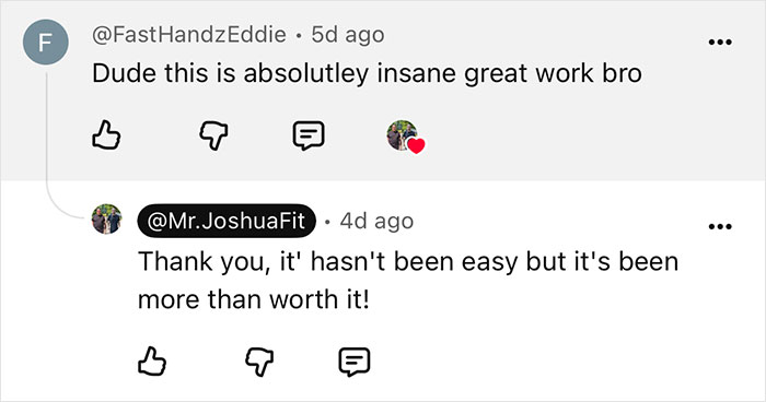 A comment on social media applauding an incredible weight loss transformation and Mr. JoshuaFit's reply. A comment on social media applauding an incredible weight loss transformation and Mr. JoshuaFit's reply.