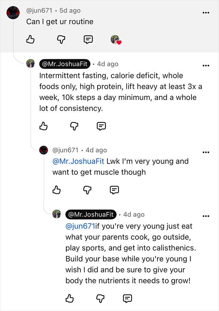 Social media comments about a user's weight loss transformation routine and Mr. JoshuaFit's fitness advice. Social media comments about a user's weight loss transformation routine and Mr. JoshuaFit's fitness advice.