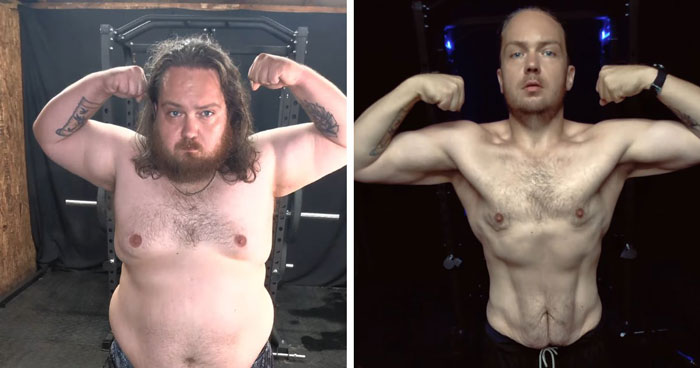 Before and after photos of a man flexing, showing a significant weight loss transformation with increased muscle definition. Before and after photos of a man flexing, showing a significant weight loss transformation with increased muscle definition.