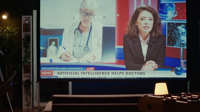 A news broadcast on a large screen shows a doctor and a news anchor, discussing artificial intelligence and industries that are about to collapse.