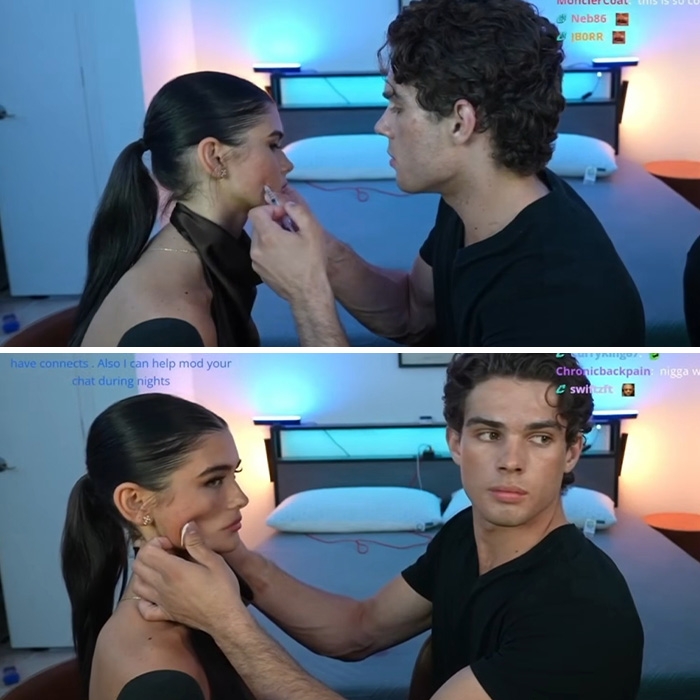 Clavicular, a looksmaxxing influencer, interacting with a woman during a live stream. Clavicular, a looksmaxxing influencer, interacting with a woman during a live stream.