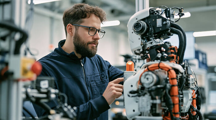 Engineer working on humanoid robot in robotics lab