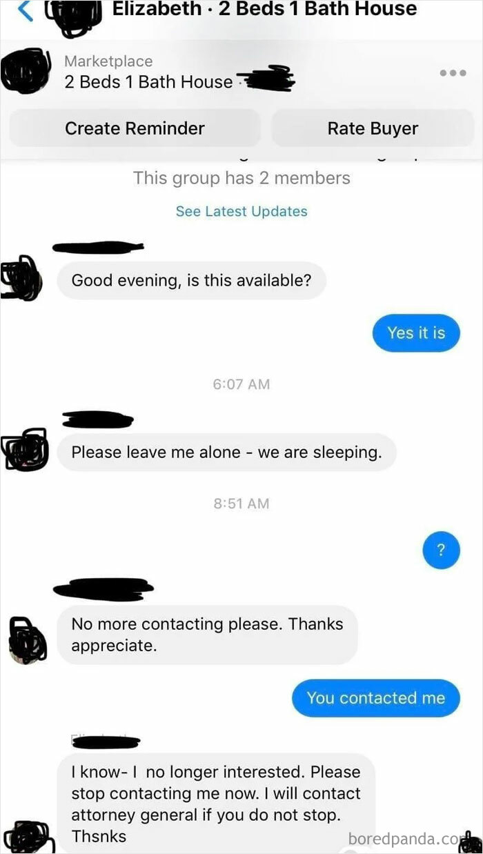 A messenger conversation where people are unbelievably stupid, harassing someone who contacted them first about an item.