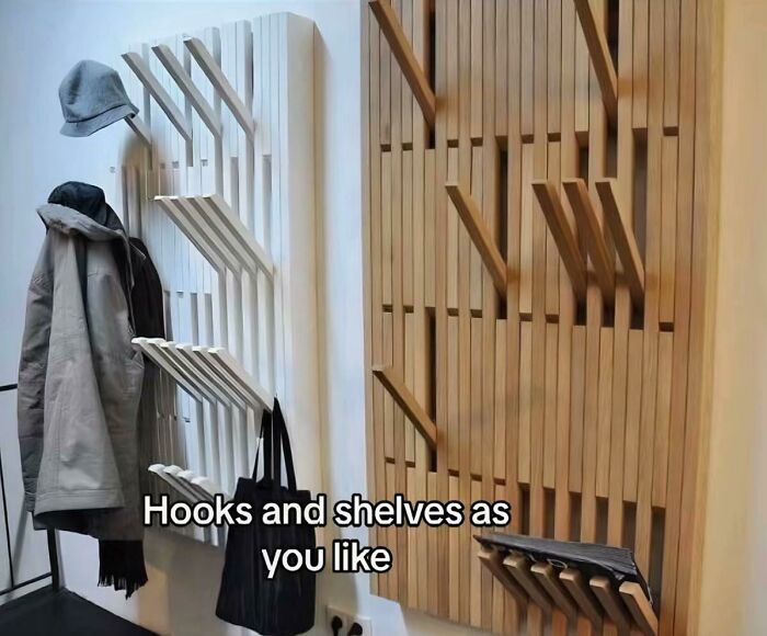 Modular wooden hooks and shelves wall-mounted for flexible storage and organization