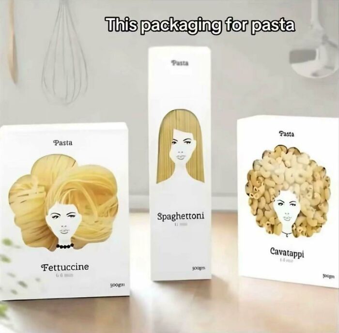 Creative pasta packaging uses pasta shapes as hair in clever design