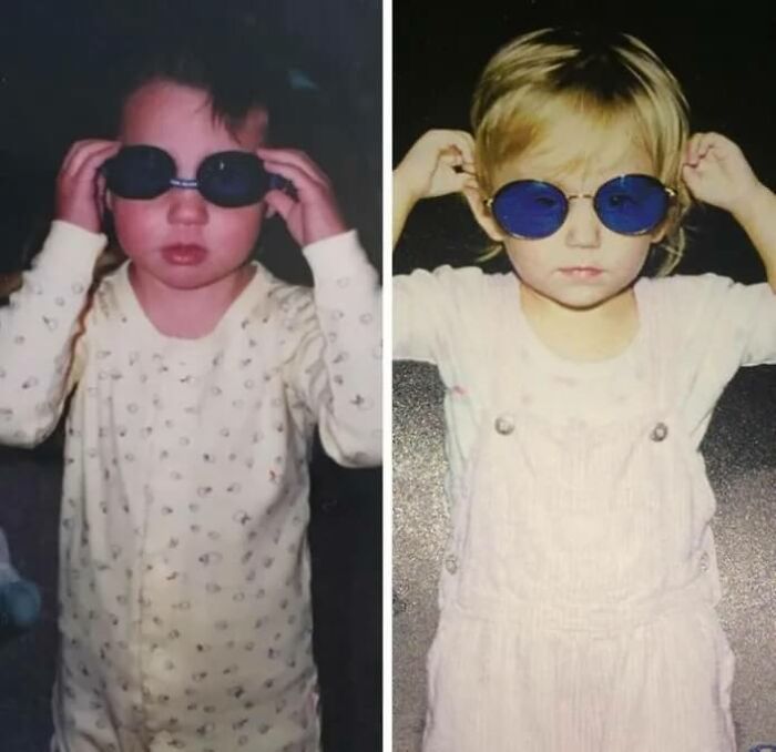 Two kids in different photos, perfectly synced with blue sunglasses and similar expressions, amazing times something synced just right.