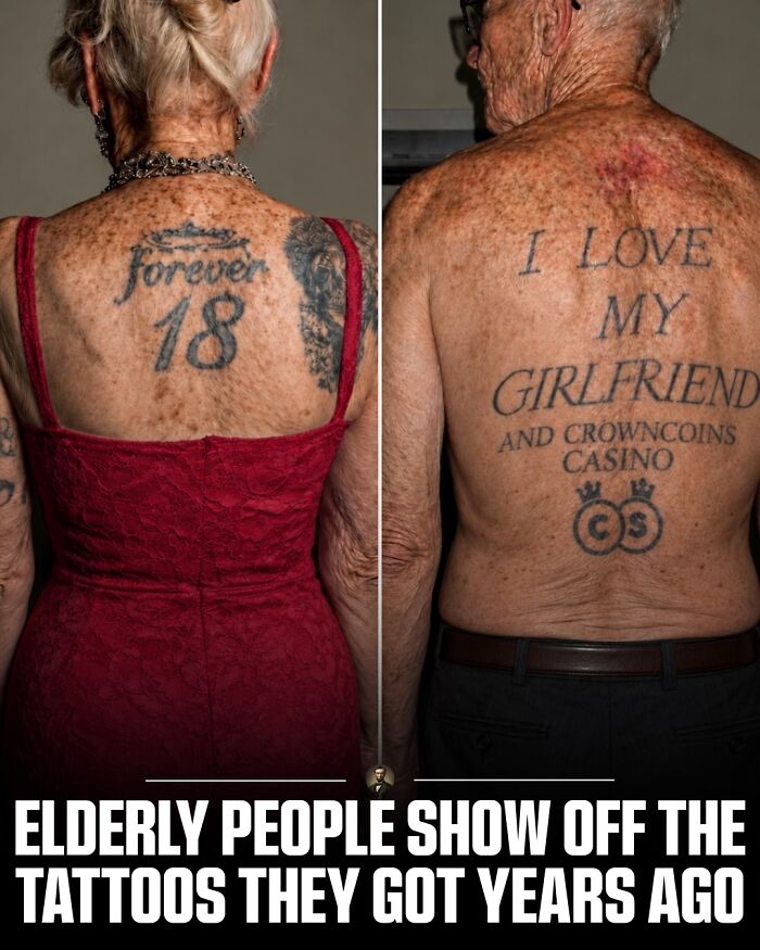 Photos from history of elderly people showing their old back tattoos.