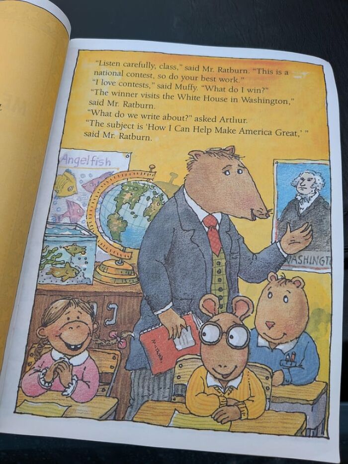An illustration from a book with anthropomorphic animal characters, showing a classroom scene with beliefs and words aging over time.