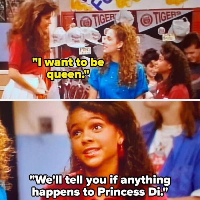 A split image from a TV show: top shows a character saying I want to be queen; bottom shows another saying We'll tell you if anything happens to Princess Di. Both show words that aged poorly.