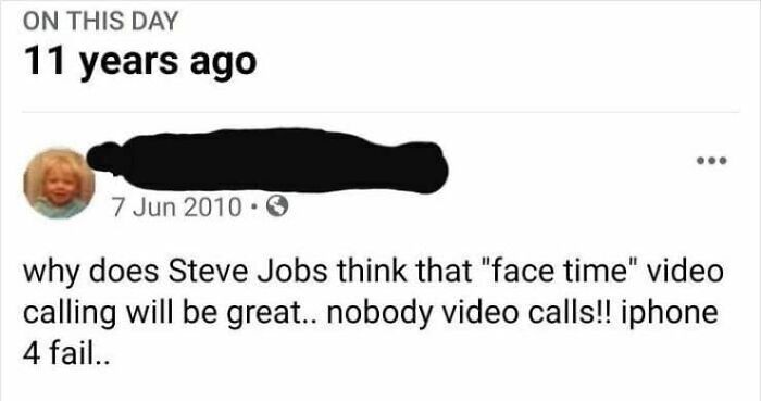 A Facebook post from 2010 questioning the future of video calling and beliefs aging over time.