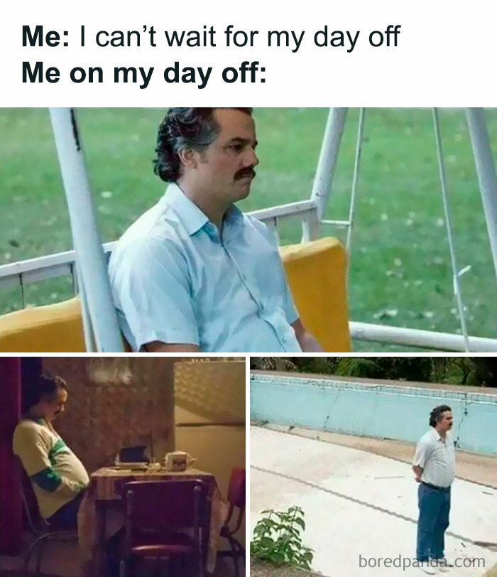 Pablo Escobar looking lonely in different settings, depicting relatable memes for introverts on their day off.