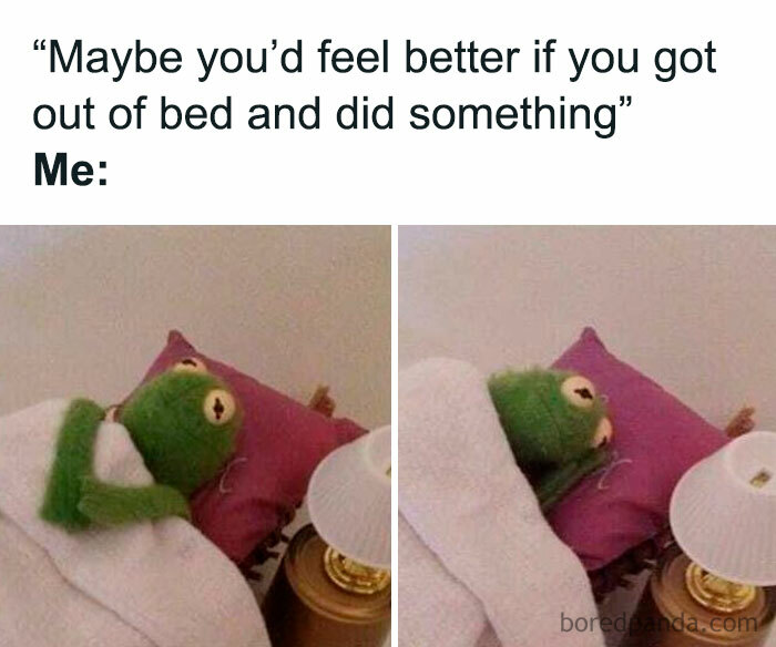 Relatable memes for introverts featuring Kermit the Frog staying in bed with a blanket over his head.