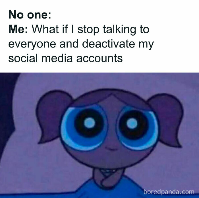Powerpuff Girl lying awake thinking of deactivating social media, representing relatable memes for introverts.