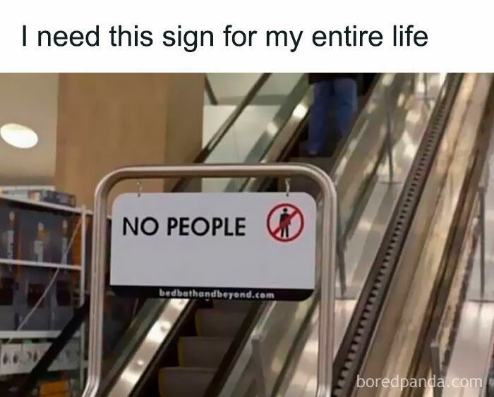 An escalator with a sign that reads No People, perfect for introverts who avoid social interaction.