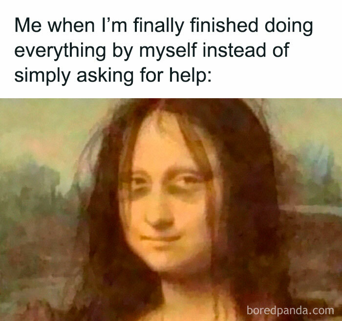 Exhausted Mona Lisa face in a meme for introverts showing the struggle of doing everything alone.