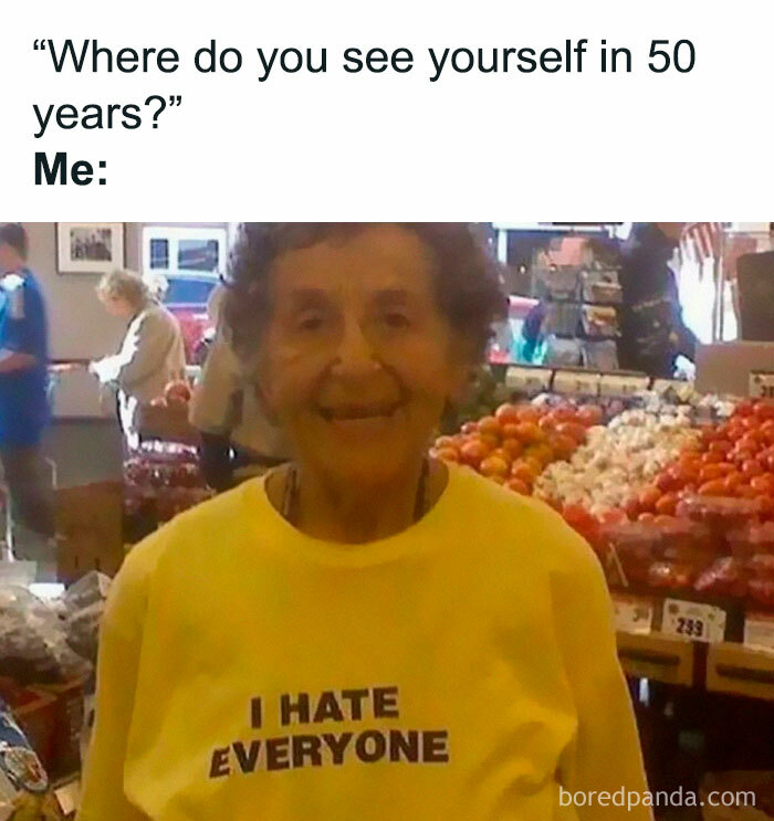 An older woman wearing an I Hate Everyone shirt, memes for introverts