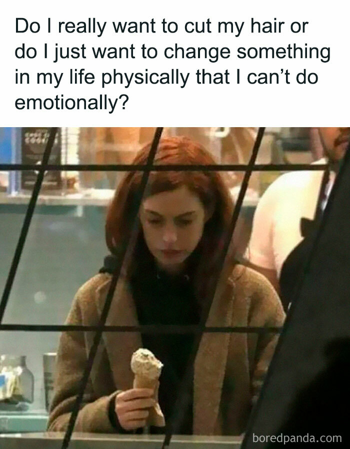 Relatable memes for introverts depicting a woman looking down thoughtfully while holding an ice cream cone.