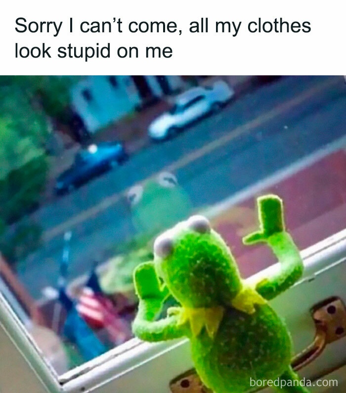 Memes for introverts featuring Kermit the Frog looking out the window avoiding going out.