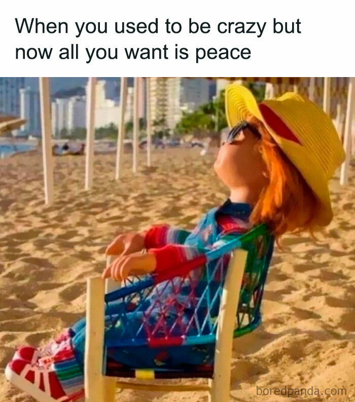 Funny memes for introverts showing Chucky doll relaxing peacefully on a beach chair