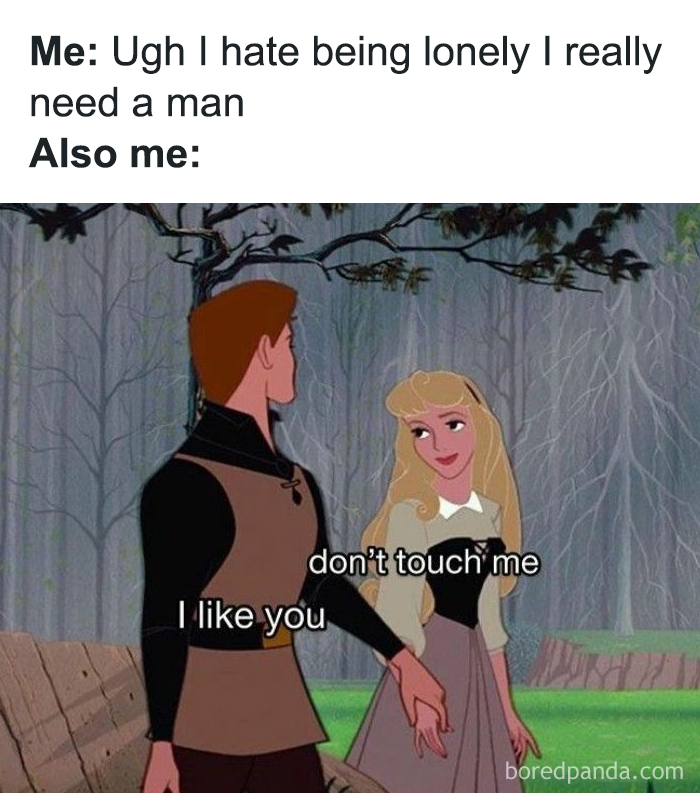 Meme for introverts depicting Sleeping Beauty saying don't touch me to illustrate dating struggles.