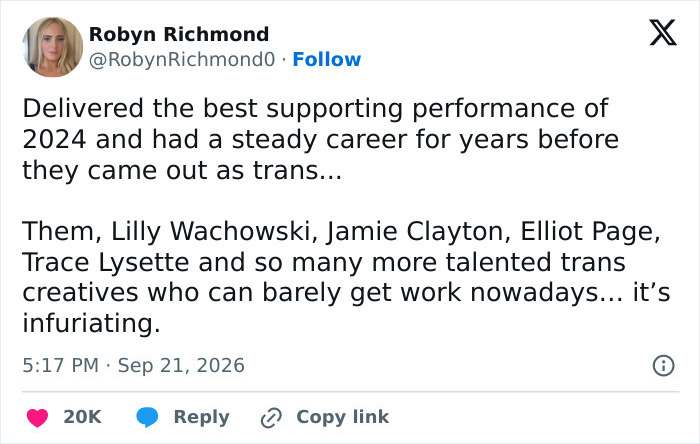 A social media post about Hollywood casting issues and the struggles of trans actors including Elliot Page A social media post about Hollywood casting issues and the struggles of trans actors including Elliot Page
