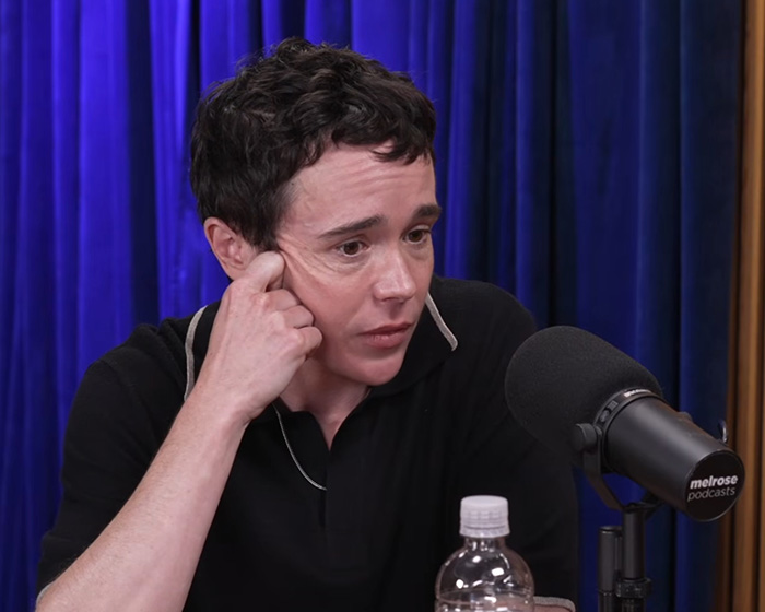 Elliot Page speaking candidly on a podcast microphone about his confession Elliot Page speaking candidly on a podcast microphone about his confession