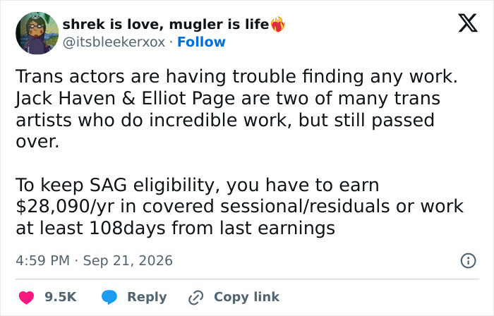 A post explaining the challenges trans actors face in Hollywood, referencing Elliot Page A post explaining the challenges trans actors face in Hollywood, referencing Elliot Page