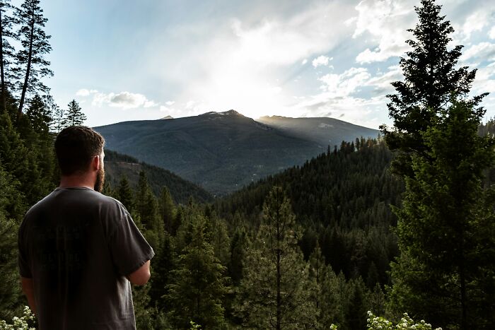 Man looks out at mountain valley, reflecting on the tough job market