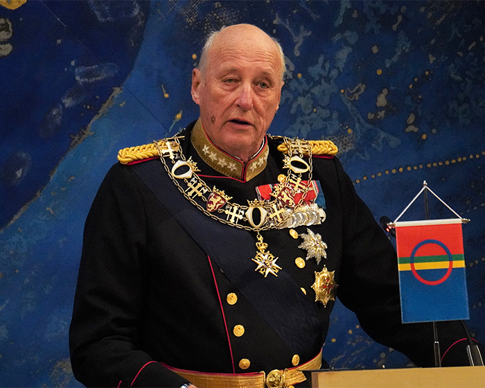 King Harald V of Norway attending a royal funeral, performing a crucial role despite his son's offenses.