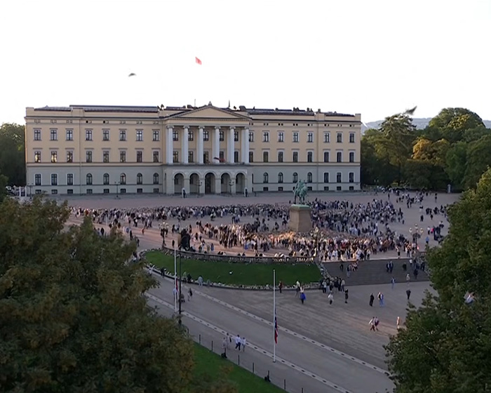 Large crowd gathered outside the palace for the royal funeral, showing public attendance.