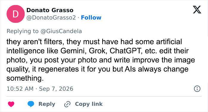 Donato Grasso's tweet on Instagram versus reality, discussing AI editing of Laura Pausini's photo.